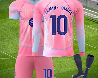 Custom Barcelona Pink 2025 Football Soccer Jersey Set : Personalized Youth Football Kit