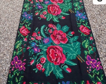 Traditional Vintage Romanian Woven Wool Runner with handwoven roses from the 60s
