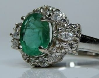 14k White Gold, Emerald, Diamond, Halo Ring. Size 6. Round & Marquise Cut Diamonds 1.68 carat Natural Emerald Fine Estate Jewelry Gift Her