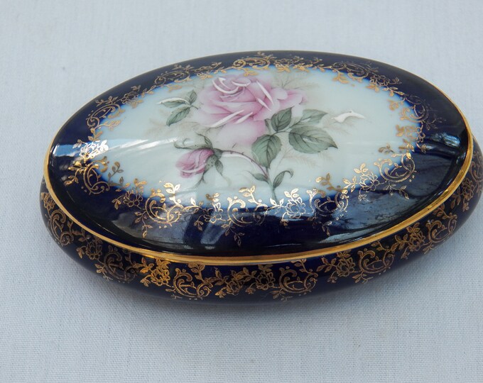 Limoges France Rehausse Main Dresser Trinket Jar Vanity Display Cobalt