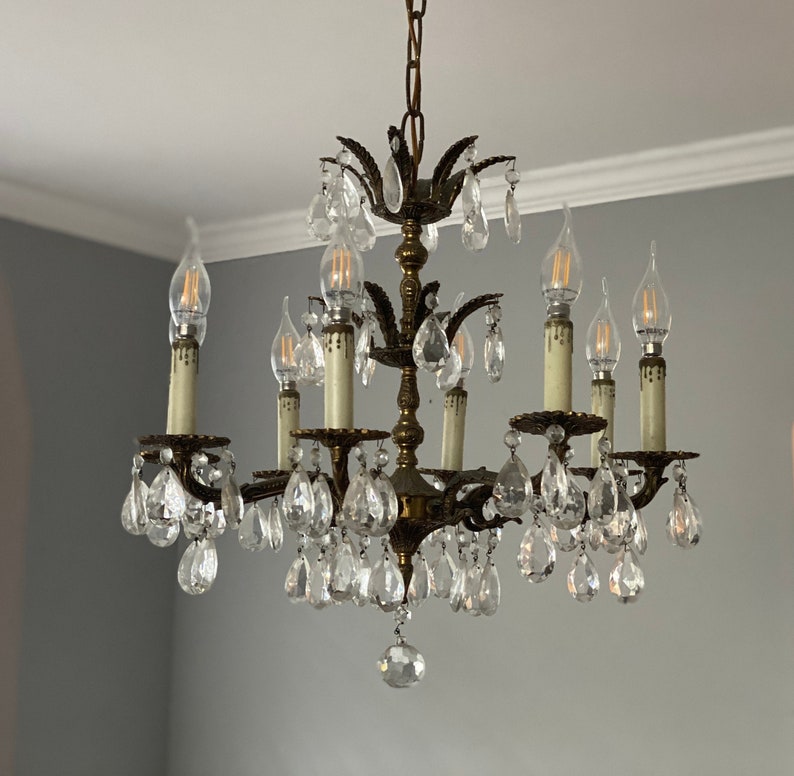 Vintage Brass 8 Arm Wall Hanging Chandelier Brass Gold Tone Cut