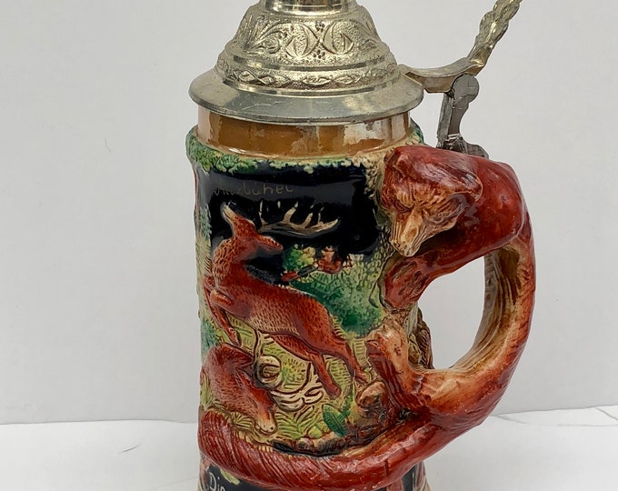 Vintage German Stein Fox Handle Hand Decorated Beer Mug Etsy