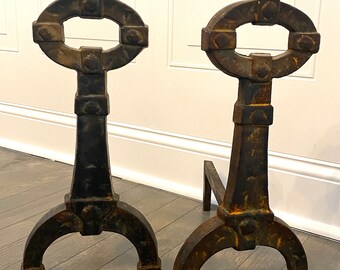 1800's Wayne Co. American Cast Iron Hand Hammered Fireplace Andirons Arts Crafts Mission Metalwork Historic Decor