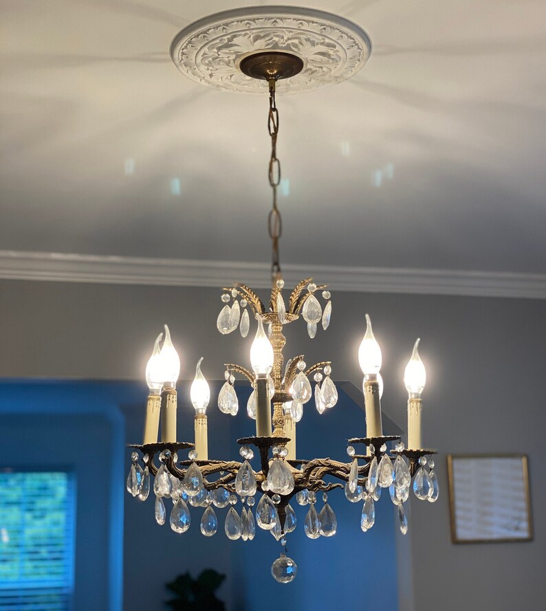 Vintage Brass 8 Arm Wall Hanging Chandelier Brass Gold Tone Cut