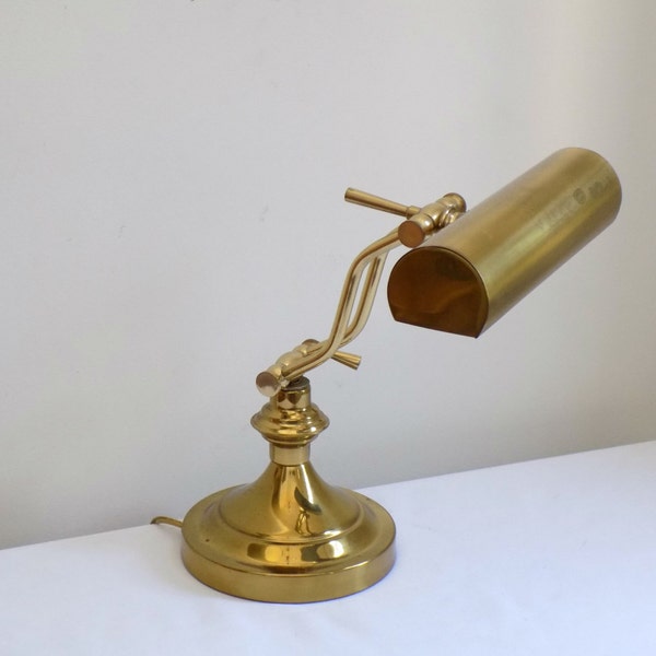 Vintage Brass Library Piano or Desk Writing Lamp - Reading Bankers Table Side Light - Adjustable Arm - Art Deco Style - Hollywood Regency -