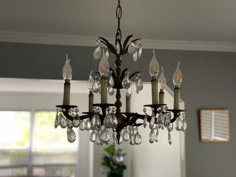 Vintage Brass 8 Arm Wall Hanging Chandelier Brass Gold Tone Cut