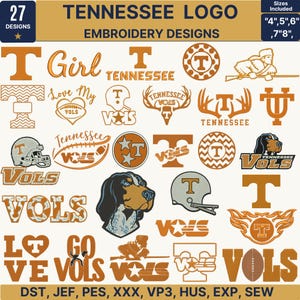 Könnte beinhalten: Eine Sammlung von 27 Tennessee-Logo-Stickmustern in Orange und Weiß. Die Grafiken umfassen den Buchstaben T, Fußbälle, Helme, einen Jagdhund, ein Geweih sowie den Text VOLS und TENNESSEE. Dateiformate sind DST, JEF, PES, XXX, VP3, HUS, EXP, SEW.