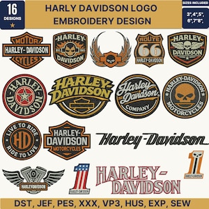 Puede incluir: Una colección de 16 diseños de bordado Harley-Davidson con varios logotipos, calaveras, alas y textos como Route 66 y Live to Ride. Los archivos digitales están disponibles en tamaños de 7,6, 10,2, 12,7, 15,2, 17,8 y 20,3 cm en formatos DST, JEF, PES, XXX, VP3, HUS, EXP y SEW.