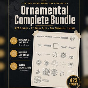Pode incluir: Um anúncio de produto digital para um pacote de carimbos de tatuagem para Procreate. O texto diz Ornamental Complete Bundle, 423 Stamps, 27 Brush Sets e Full Commercial License. Exibe vários desenhos de arte linear em uma folha.