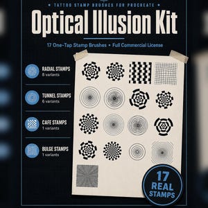 May include: A digital product display for an Optical Illusion Kit for Procreate, featuring 17 one-tap tattoo stamp brushes. The graphic includes text, a compass icon, and a paper sheet showing black and white geometric patterns and optical illusions.