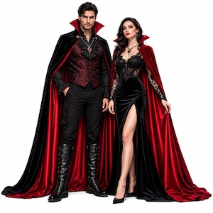 May include: A black and red velvet cape worn over a dark patterned vest with a ruffled collar and black trousers, alongside a black velvet floor-length gown with a lace bodice, long lace sleeves, and a high side slit, paired with a red velvet cape.