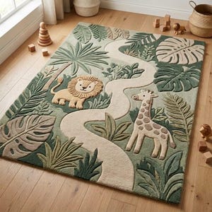 Könnte beinhalten: Ein rechteckiger Teppich mit Dschungelmotiv, einem geschwungenen beigen Pfad, einem beigen Löwen und einer braun gefleckten Giraffe. Das Design zeigt verschiedene grüne und beige tropische Blätter und Pflanzen in strukturierter Optik.