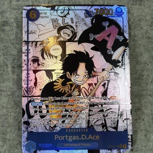 May include: A holographic One Piece trading card featuring Portgas D. Ace with a cost of 6 and 7000 power. The card displays a manga panel background, a character illustration, and game text including: If you have 3 or less Life cards, this Character gains Rush. OnPlay: Give up to 1 rested DON!! card to your Leader. Then, you may return up to 1 of your opponent's Characters with a cost of 5 or less to the owner's hand.