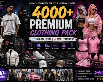 May include: A digital promotional graphic for a FiveM roleplay server clothing pack featuring over 4000 items. The display includes various virtual apparel, caps, sneakers, accessories, and bags for male and female characters in a dark, urban setting.