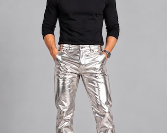 Men’s Metallic Pants, Shiny Faux Leather Trousers, Biker Moto Streetwear Pants