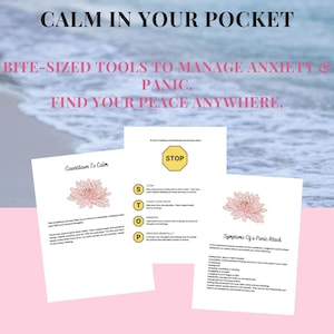 Könnte beinhalten: Drei weiße Informationsblätter mit schwarzem Text und rosa Lotusblüten-Illustrationen. Die Blätter enthalten die Titel Countdown To Calm, STOP und Symptoms Of A Panic Attack mit Anleitungen zur Bewältigung von Angst und Panik.