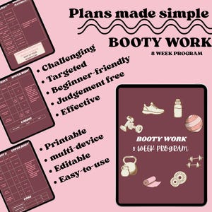 Könnte beinhalten: Ein digitaler Fitness-Ratgeber mit dem Titel Plans made simple BOOTY WORK 8 WEEK PROGRAM. Das Layout zeigt drei dunkelrote Tablet-Bildschirme mit Trainingsplänen sowie eine Titelseite mit Symbolen für Turnschuhe, Hanteln und eine Kettlebell.
