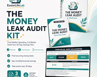May include: The Money Leak Audit Kit includes a spiral-bound workbook, a Quick Start Guide, and a digital dashboard displayed on a laptop screen. The materials feature teal and gold branding with the text The Money Leak Audit Kit and EasierLifeLab.