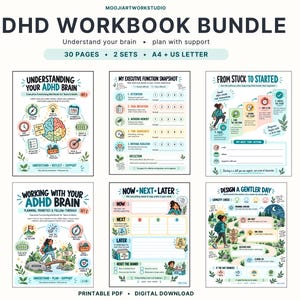 ADHD-arbetsbok med 30 utskrivbara sidor, verktyg för exekutiv funktion, A4 och US Letter