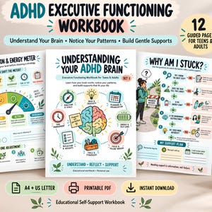 Pode incluir: Um caderno de exercícios sobre funções executivas para TDAH com 12 páginas guiadas para adolescentes e adultos. O caderno inclui seções intituladas Your Attention & Energy Meter, Understanding Your ADHD Brain e Why Am I Stuck? com ilustrações coloridas.