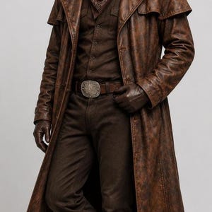 May include: A long, distressed brown leather duster coat worn over a dark brown button-down shirt and matching trousers. The outfit includes a patterned brown neckerchief, a large silver-toned belt buckle, and dark brown leather gloves.