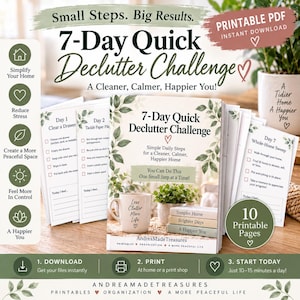 May include: A 10-page printable PDF 7-Day Quick Declutter Challenge guide featuring daily checklists, a white mug with the text Less Clutter More Life, and three stacked books labeled Simpler Home, Brighter Days, and A Happier You with leaf accents.