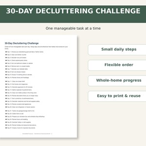 May include: A 30-day decluttering challenge printable document with a dark green header and white text. The list includes daily tasks like clearing kitchen counters and junk drawers. Four white rectangular buttons highlight features: Small daily steps, Flexible order, Whole-home progress, and Easy to print & reuse.