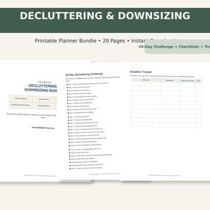 May include: A 20-page printable decluttering and downsizing planner bundle featuring a 30-day challenge list, a donation tracker, and checklists. The white pages contain black text with headers including Decluttering & Downsizing, 30-Day Decluttering Challenge, and Donation Tracker, organized for home organization tasks.