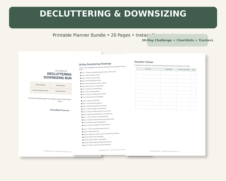May include: A 20-page printable decluttering and downsizing planner bundle featuring a 30-day challenge list, a donation tracker, and checklists. The white pages contain black text with headers including Decluttering & Downsizing, 30-Day Decluttering Challenge, and Donation Tracker, organized for home organization tasks.