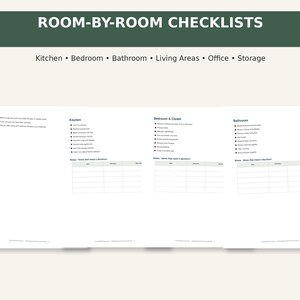 May include: A set of printable room-by-room checklists featuring sections for Kitchen, Bedroom & Closet, and Bathroom. Each page includes bulleted task lists and a table for notes labeled Items That Need a Decision with columns for Item, Decision, and Date Due.