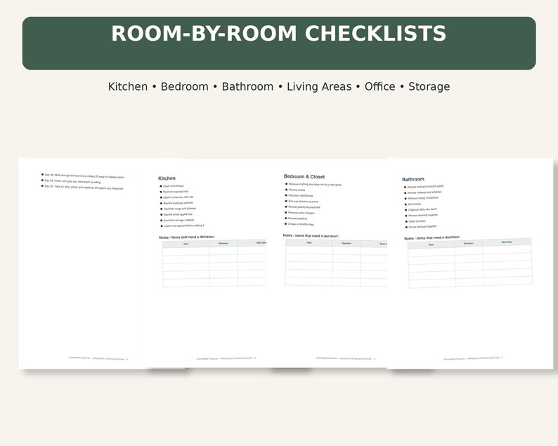 May include: A set of printable room-by-room checklists featuring sections for Kitchen, Bedroom & Closet, and Bathroom. Each page includes bulleted task lists and a table for notes labeled Items That Need a Decision with columns for Item, Decision, and Date Due.