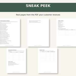 May include: A digital document preview featuring five white pages with black text and tables. The top banner reads SNEAK PEEK. The pages include a 30-Day Decluttering Challenge list, a Garage Storage checklist, a Sentimental Items Worksheet, and a Donation Tracker.