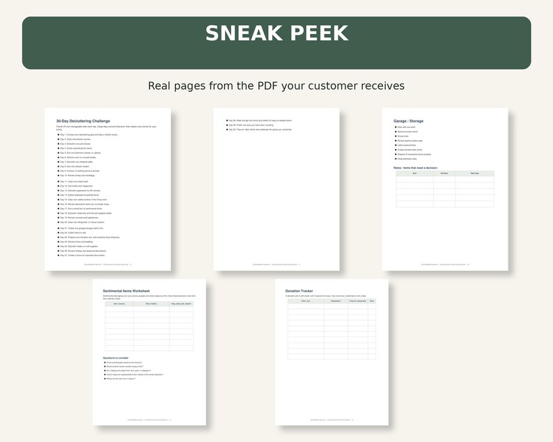 May include: A digital document preview featuring five white pages with black text and tables. The top banner reads SNEAK PEEK. The pages include a 30-Day Decluttering Challenge list, a Garage Storage checklist, a Sentimental Items Worksheet, and a Donation Tracker.