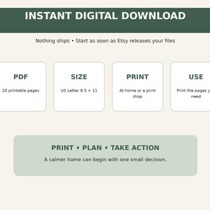 May include: An instant digital download graphic with dark green headers and white boxes. Text includes: INSTANT DIGITAL DOWNLOAD, PDF 20 printable pages, SIZE US Letter 8.5 x 11, PRINT At home or a print shop, USE Print the pages you need, PRINT PLAN TAKE ACTION.
