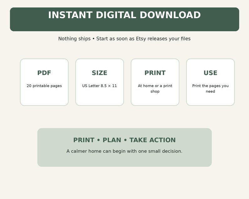May include: An instant digital download graphic with dark green headers and white boxes. Text includes: INSTANT DIGITAL DOWNLOAD, PDF 20 printable pages, SIZE US Letter 8.5 x 11, PRINT At home or a print shop, USE Print the pages you need, PRINT PLAN TAKE ACTION.