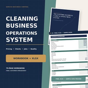 Può includere: Un sistema operativo per imprese di pulizie che include una cartella di lavoro di 79 pagine e un foglio di calcolo XLSX. Il layout blu scuro e verde mostra una dashboard aziendale con tabelle di dati su clienti, lavori e pagamenti.