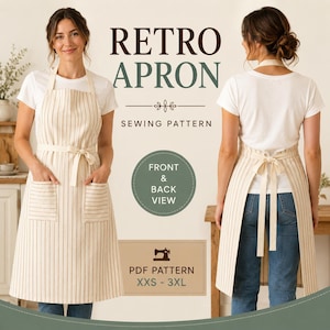 Op de afbeelding: Een beige schort met dunne verticale strepen, voorzien van twee voorzakken en een tailleband. De afbeelding toont de voor- en achterkant van het schort, met de tekst RETRO APRON SEWING PATTERN, FRONT & BACK VIEW en PDF PATTERN XXS - 3XL.