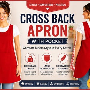 Könnte beinhalten: Eine einfarbige rote Schürze mit überkreuztem Rücken und einer großen Vordertasche. Der Text auf dem Bild lautet: CROSS BACK APRON WITH POCKET, STYLISH, COMFORTABLE, PRACTICAL, Comfort Meets Style in Every Stitch, BEST SELLER und PERFECT GIFT FOR HER.