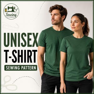 May include: A forest green short-sleeved t-shirt with a crew neckline. The image includes text that reads: Sewing by Shabana, UNISEX T-SHIRT, SEWING PATTERN. The design features a sewing machine icon, a measuring tape graphic, and scissors.