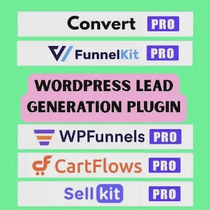 May include: A digital graphic on a light green background featuring a list of WordPress lead generation plugins including Convert PRO, FunnelKit PRO, WPFunnels PRO, CartFlows PRO, and Sell kit PRO, with the text WORDPRESS LEAD GENERATION PLUGIN centered.