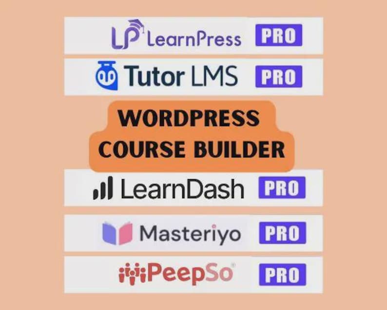 Puede incluir: Una pantalla gr&aacute;fica con el texto WORDPRESS COURSE BUILDER en negro sobre un fondo naranja, rodeado de barras horizontales blancas que contienen los logotipos y etiquetas PRO para LearnPress, Tutor LMS, LearnDash, Masteriyo y PeepSo.