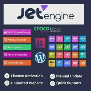 May include: A digital graphic for JetEngine by Crocoblock featuring a grid of twenty-five colorful square icons, the WordPress logo, and the Elementor logo. Text includes 100% Original License, With Licence Key, Auto Update, All-in-one Bundle, First Delivery, Lisense Activation, Unlimited Website, Manual Update, and Quick Support.