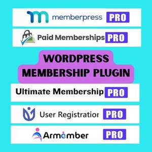 May include: A list of WordPress membership plugins including MemberPress PRO, Paid Memberships PRO, Ultimate Membership PRO, User Registration PRO, and Armember PRO, all displayed with their respective logos and the text WORDPRESS MEMBERSHIP PLUGIN.