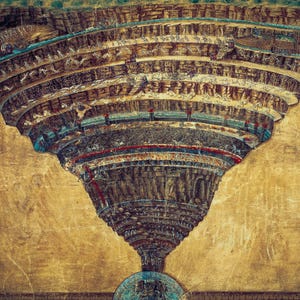 Op de afbeelding: Een gedetailleerde illustratie van een trechtervormige structuur met meerdere concentrische cirkelvormige niveaus. Het kunstwerk toont talloze kleine figuren gerangschikt in lagen tegen een getextureerde, goudbruine achtergrond met donkerblauwe en rode accenten.