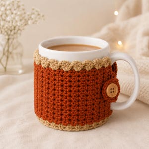 May include: A white ceramic mug featuring a removable, rust-colored crochet cozy. The cozy has a scalloped beige border at the top and bottom, and it is secured on the side with a single, round, light brown wooden button with four holes.