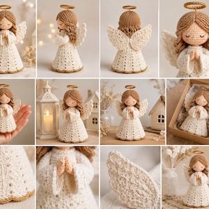 May include: A crocheted angel figurine featuring light brown yarn hair, a cream-coloured dress with intricate stitch patterns, a gold-trimmed hem, and a gold halo. The angel has white crocheted wings and is depicted with hands clasped in a prayer position.