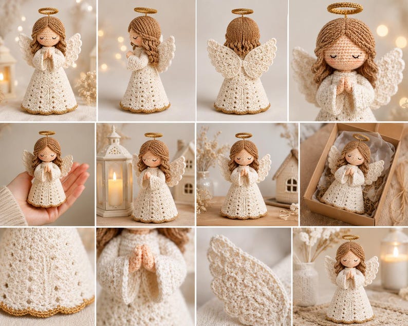 May include: A crocheted angel figurine featuring light brown yarn hair, a cream-coloured dress with intricate stitch patterns, a gold-trimmed hem, and a gold halo. The angel has white crocheted wings and is depicted with hands clasped in a prayer position.