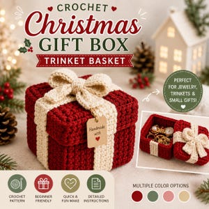 May include: A square crochet trinket basket in deep red with a cream-coloured ribbon and bow design. A brown tag labelled Handmade with a heart icon hangs from the bow. The basket is shown closed and open, containing gold-toned jewellery items.