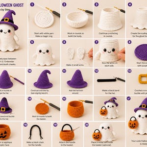 May include: A step-by-step crochet tutorial for a white ghost wearing a purple witch hat and holding an orange pumpkin basket. The image displays twenty numbered panels showing the process of creating the ghost, hat, and basket with yarn.