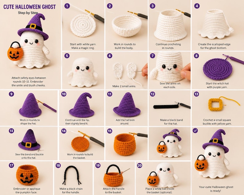 May include: A step-by-step crochet tutorial for a white ghost wearing a purple witch hat and holding an orange pumpkin basket. The image displays twenty numbered panels showing the process of creating the ghost, hat, and basket with yarn.